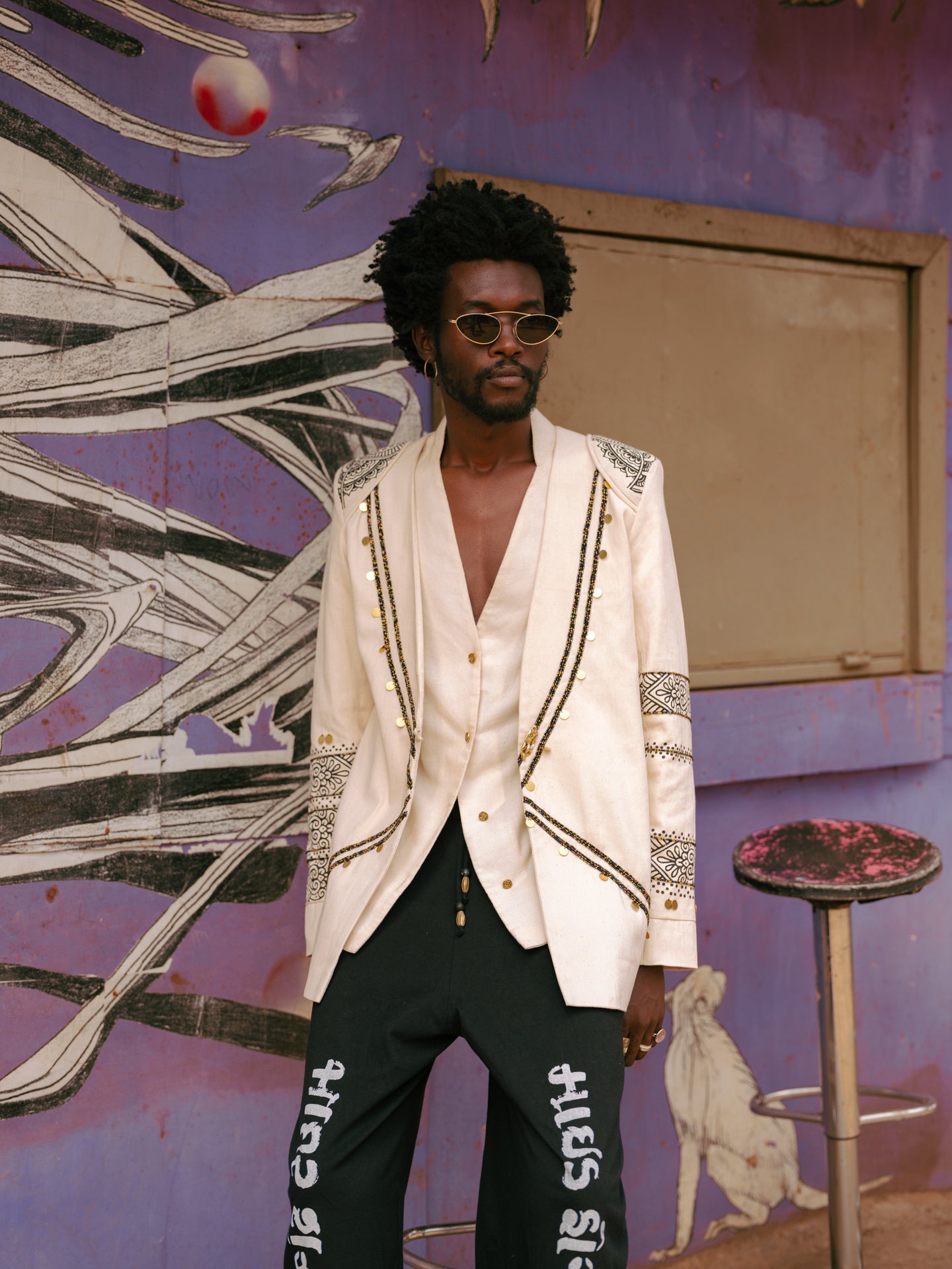 Unisex lapel-less blazer with Maasai beading and Indian print