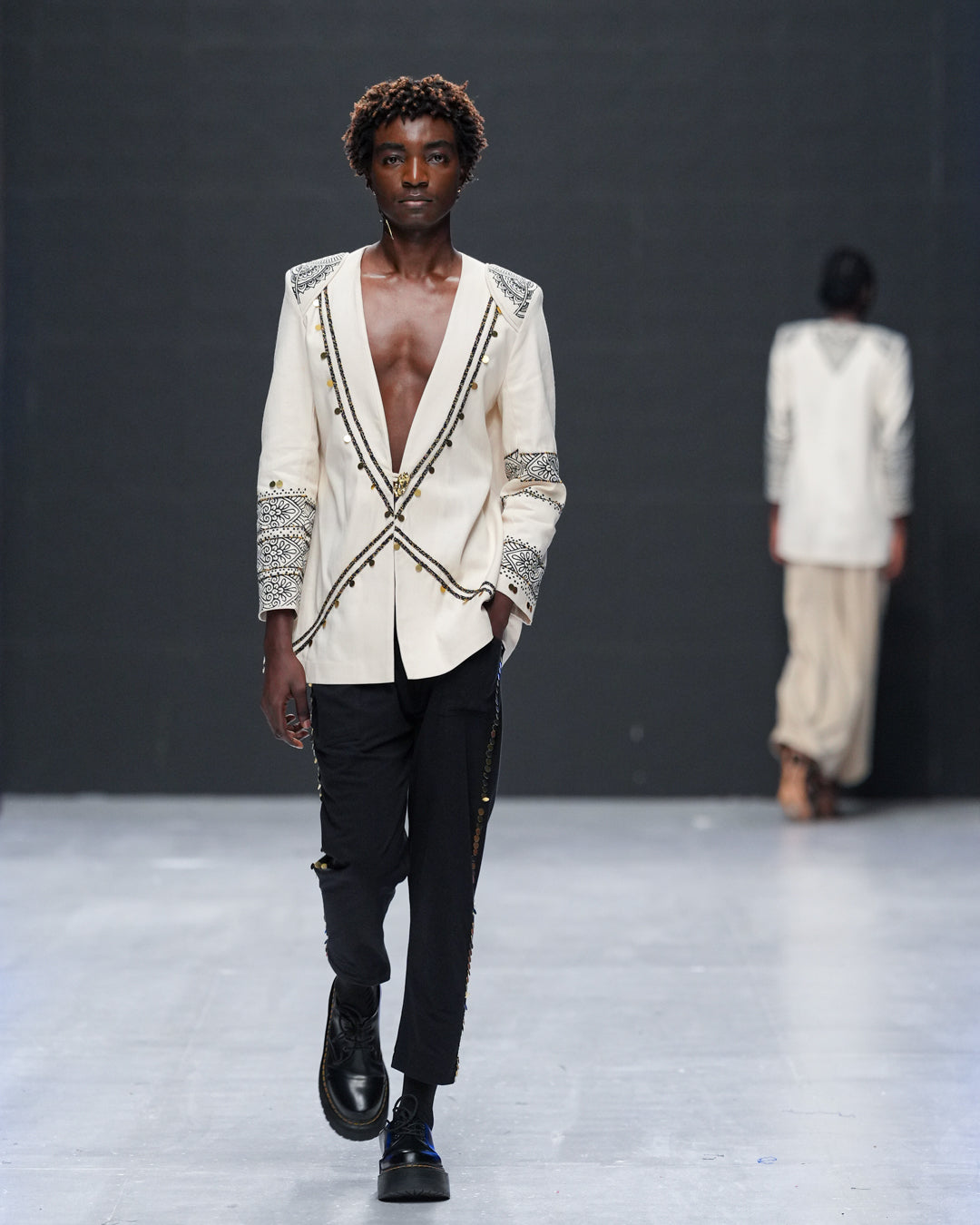 Front runway view of unisex tailored blazer