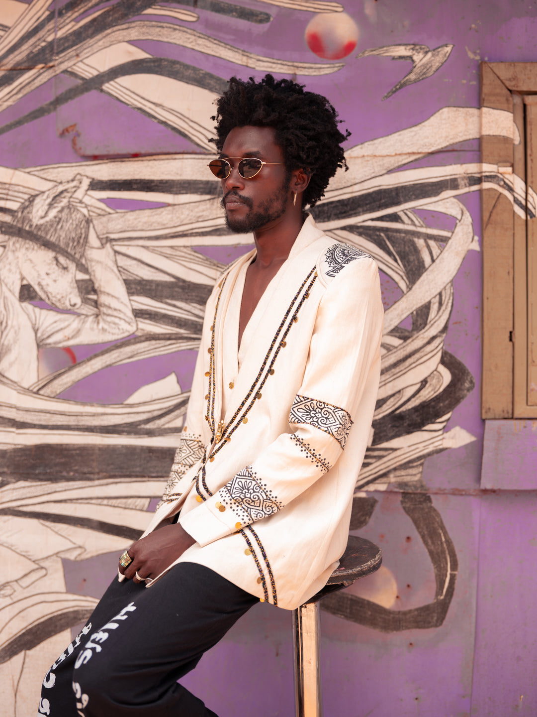 Handcrafted heritage blazer combining Kenyan and Indian artistry