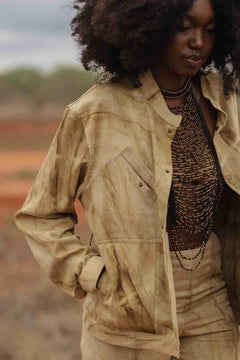 Close-up of chest pockets and antique brass snap button details