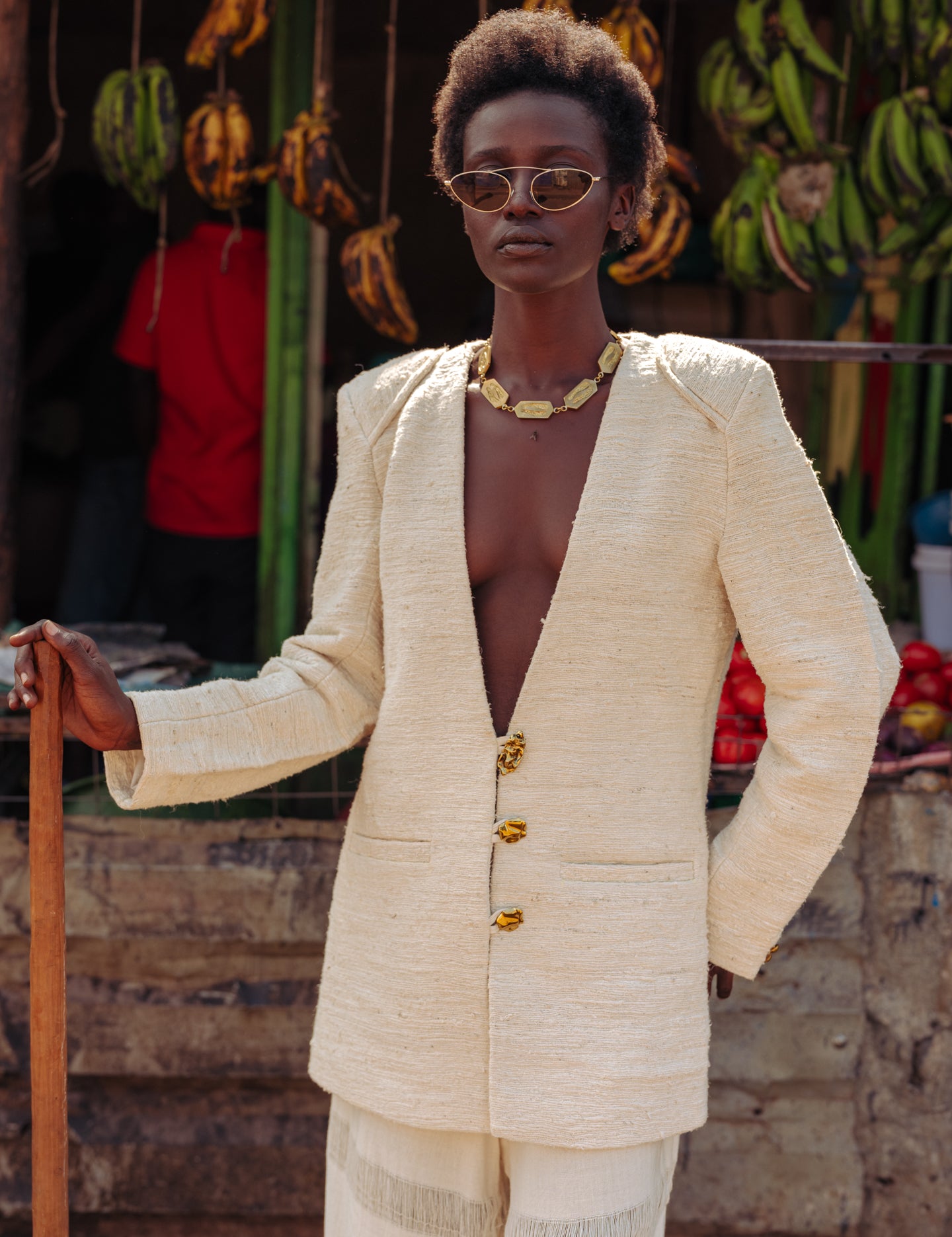 Model wearing LilaBare’s sculpted pineapple fiber blazer during editorial presentation