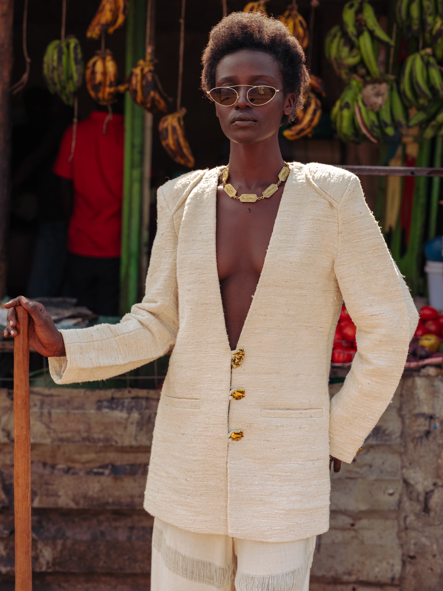 Model wearing LilaBare’s sculpted pineapple fiber blazer during editorial presentation
