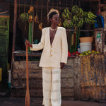 Full-length look showcasing lightweight artisan cotton pants