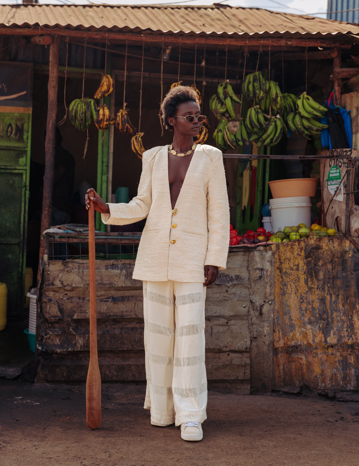 Full-length look showcasing lightweight artisan cotton pants