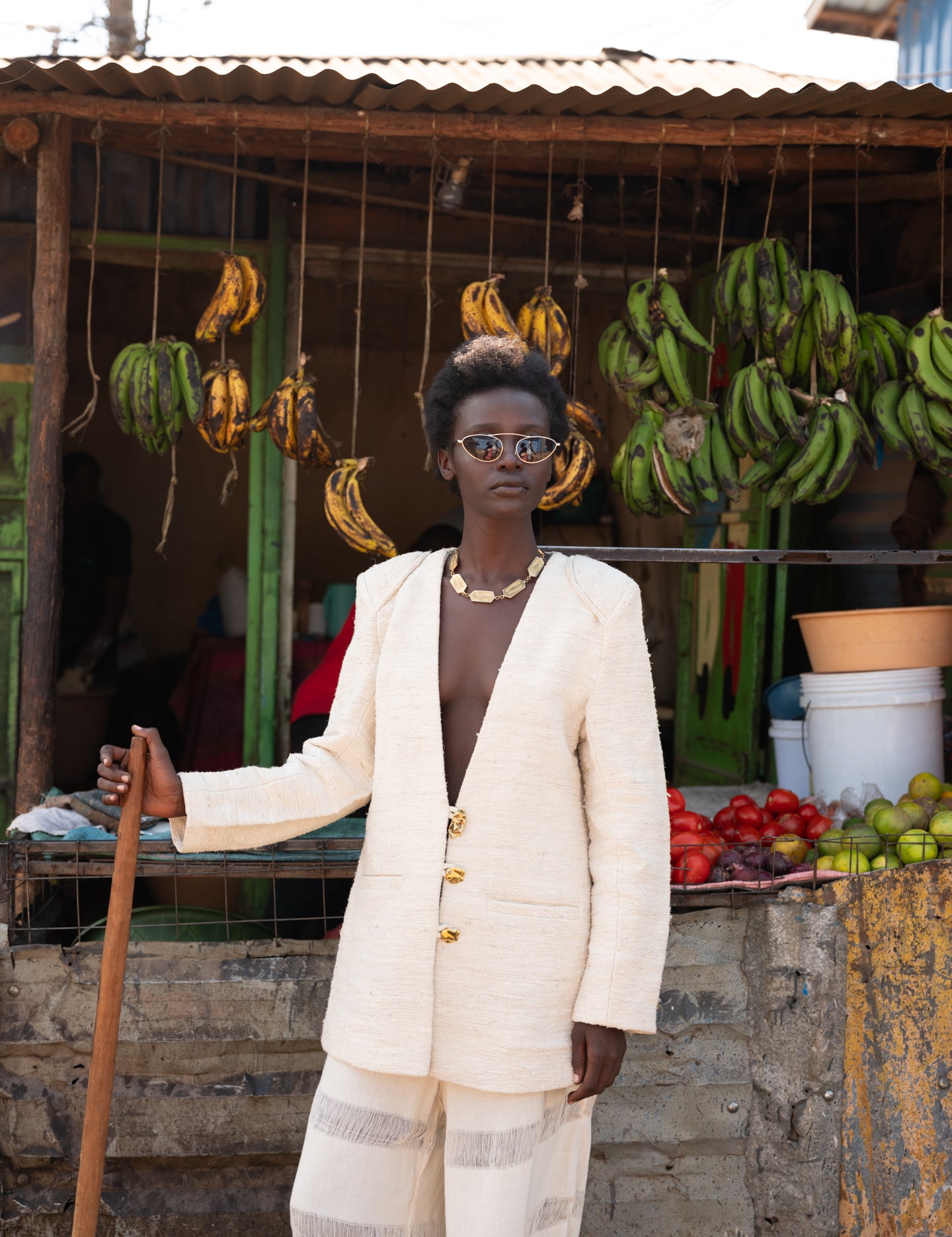 Model wearing LilaBare’s sculpted pineapple fiber blazer during editorial or runway presentation