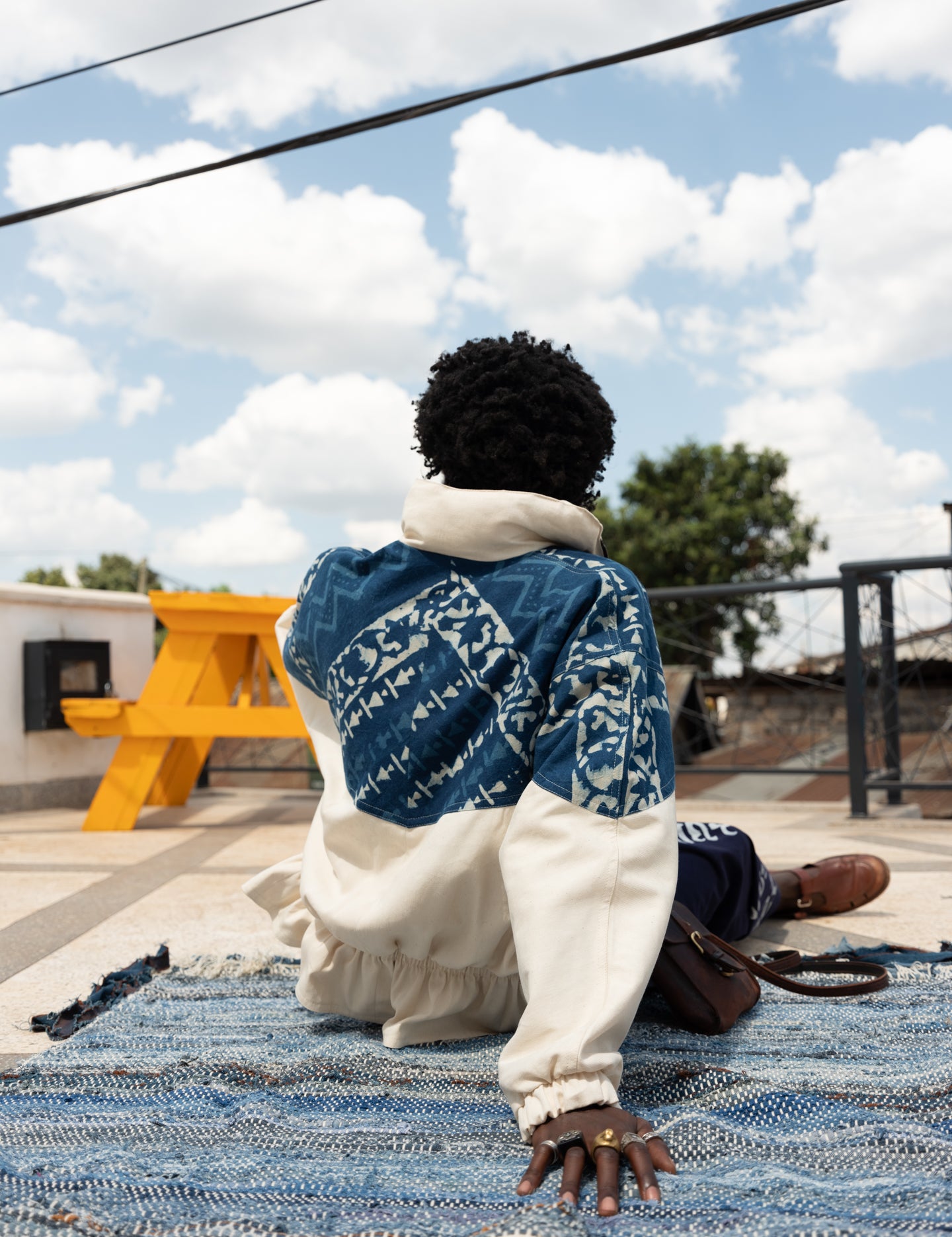 Back view of artisan block printing on LilaBare’s unisex raglan cotton jacket.