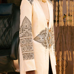 Close-up image of Mehendi Blazer showing intricate gold and black beadwork on cotton