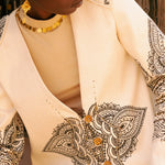 Close-up image of Mehendi Blazer showing intricate gold and black beadwork on cotton