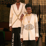 Unisex lapel-less blazer with Maasai beading and Indian print