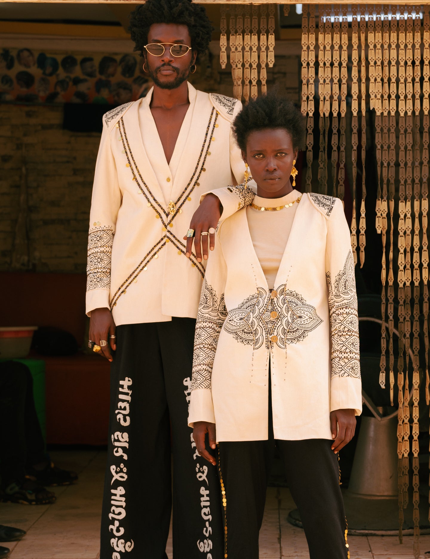Unisex lapel-less blazer with Maasai beading and Indian print