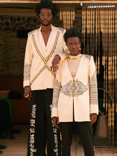 Unisex lapel-less blazer with Maasai beading and Indian print