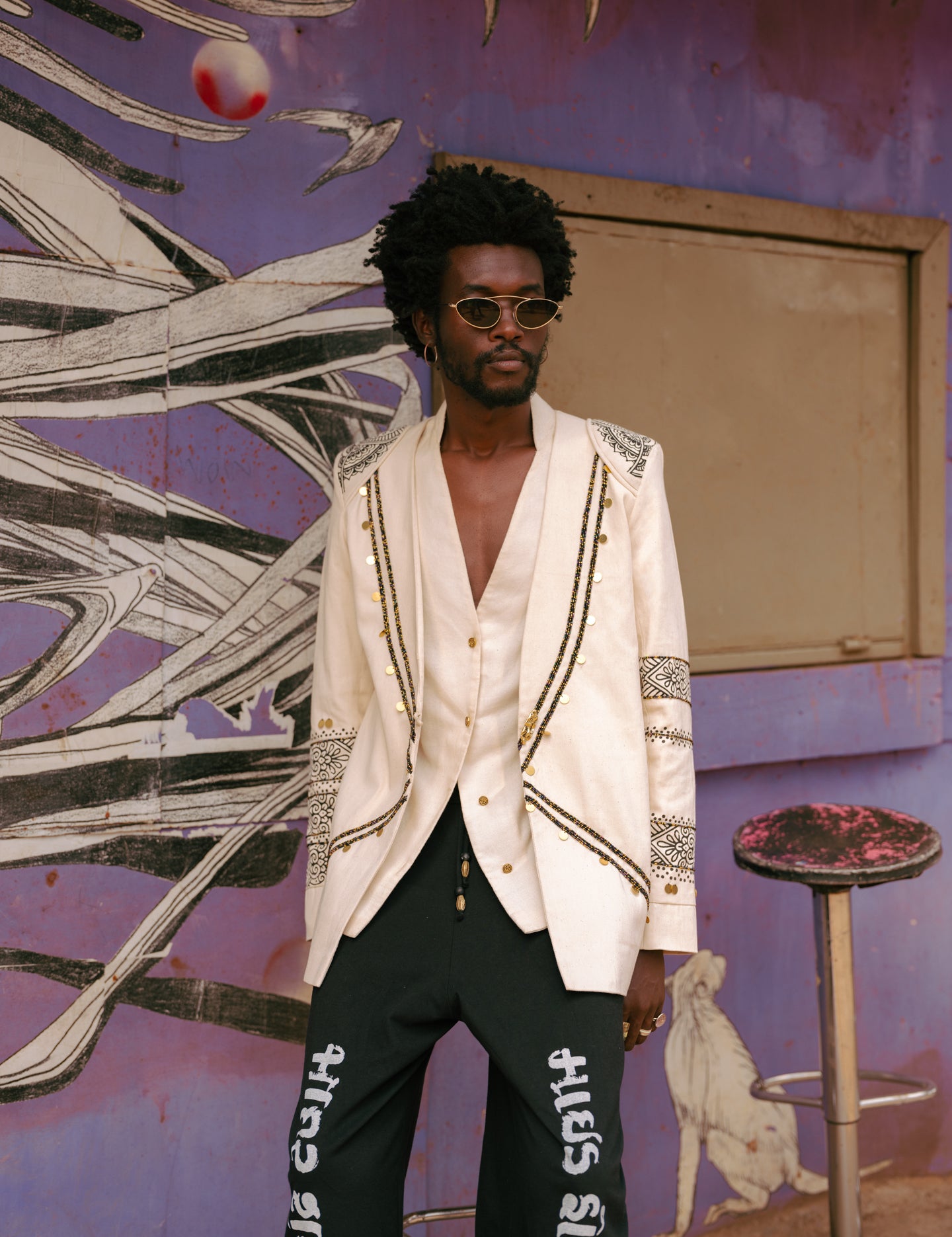 Unisex lapel-less blazer with Maasai beading and Indian print