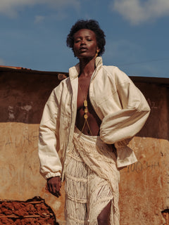 Gender-neutral fashion jacket in Kenyan woven cotton