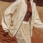 Model wearing oversized raglan cotton jacket by LilaBare