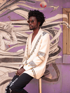 Handcrafted heritage blazer combining Kenyan and Indian artistry