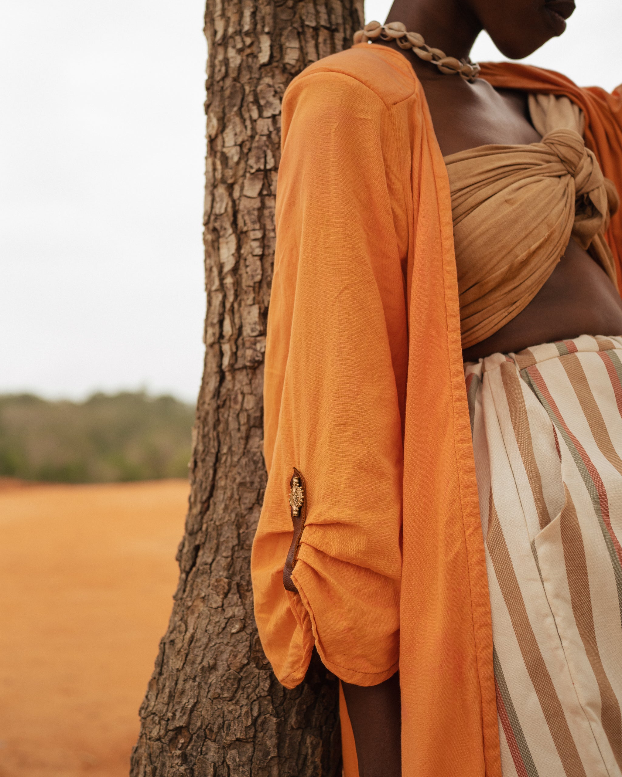 Close-up of Storm Kimono sleeve with brass button detail